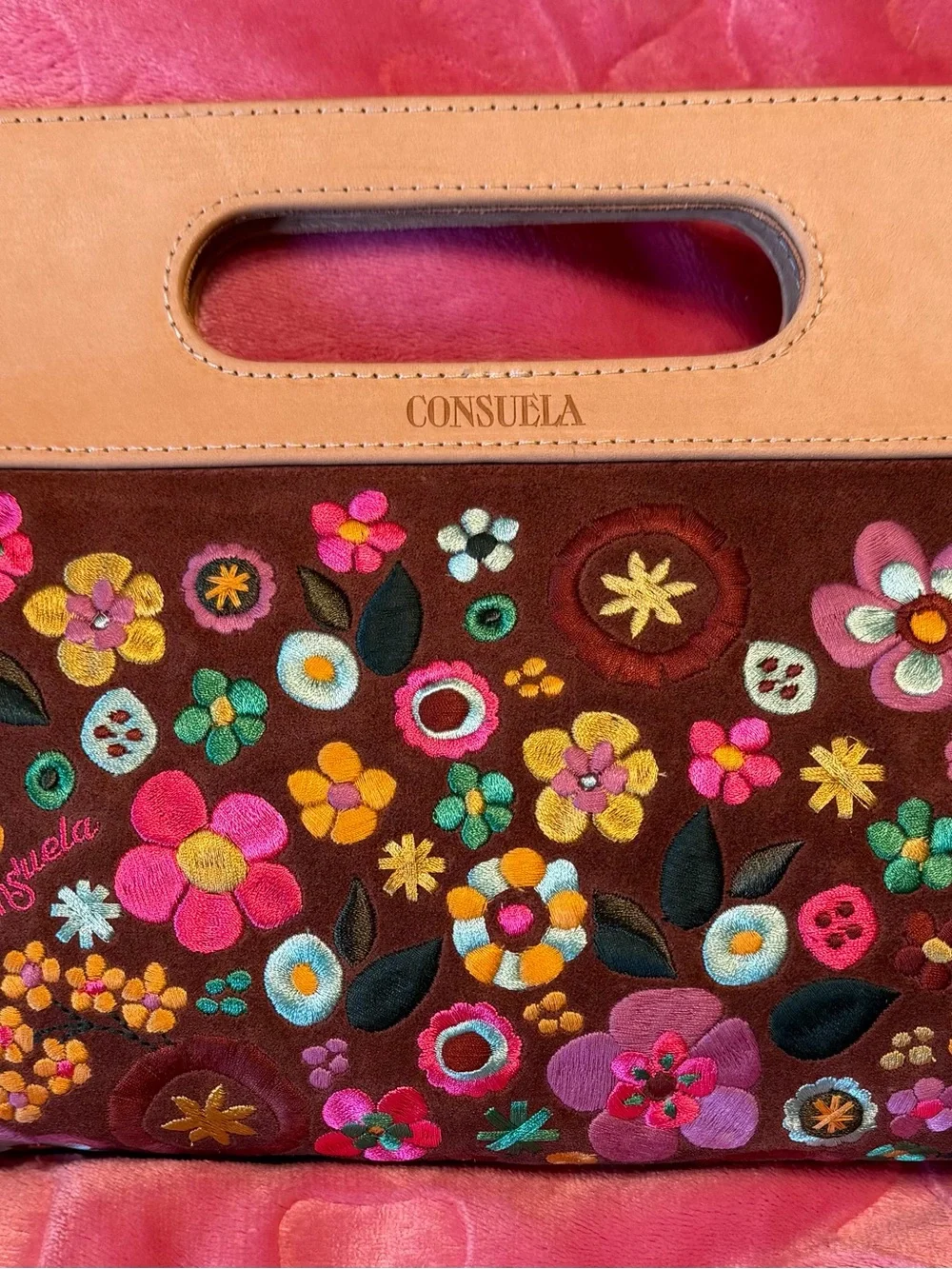 Consuela Brown Floral Embroidered Clutch with Pink & Yellow Accents